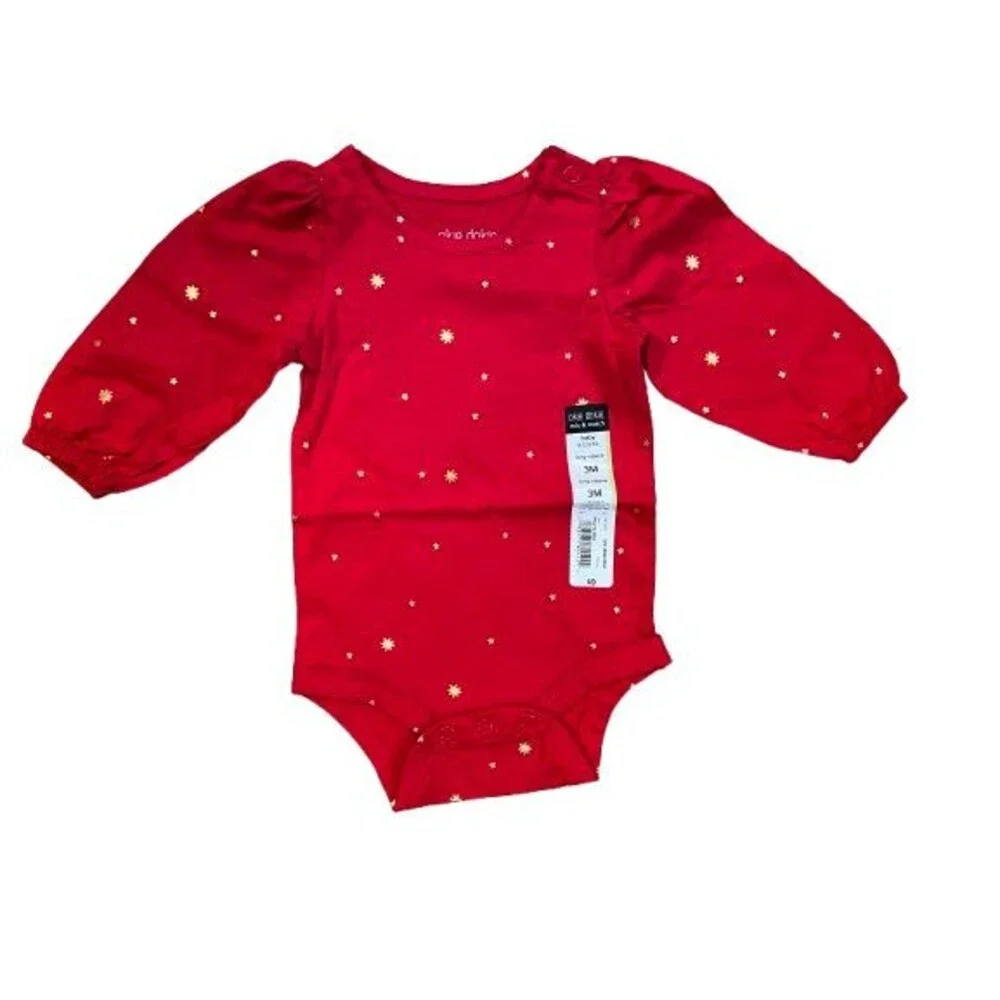 Girl's 3 Month One-piece bodysuit Long Sleeve red w/ gold stars Okie Dokie NWT